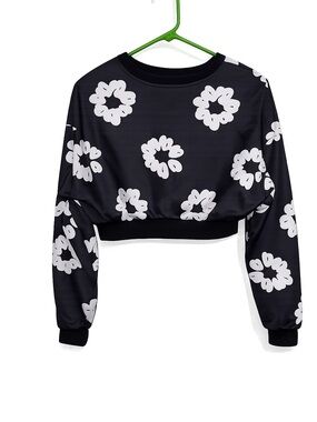 SHEIN Black Cropped Sweatshirt with White Floral Print